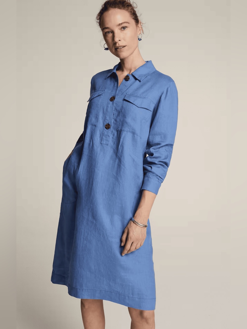 J Jill Linen Popover Dress Blue Midi Pockets Size XL